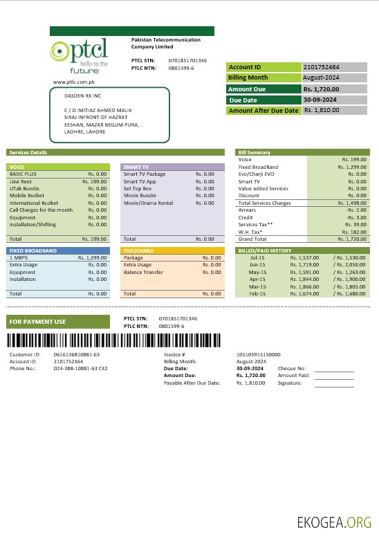 Modèle de facture de services publics pour les entreprises du Pakistan PTCL aux formats Word et PDF